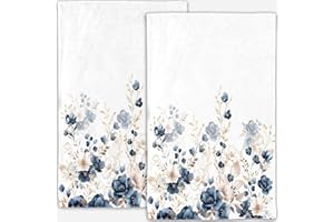 Sanzugh Navy Blue and Gold Flower Decorative Hand Towel Set of 2 for Bathroom, Boho Watercolor Floral Leaves Kitchen Towels Absorbent Cute Farmhouse Towels for Yoga Gym Spa Hotel 28X16 in