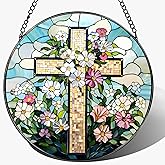 LAOWEIKI 8'' Christian Stained Glass Suncatcher Ornament, Cross Window Hanging, Window Decor, Jesus Home Decor, Gifts for Christmas, Easter Faith Cross Gifts, Religious Gift, Christian Gift