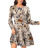 tinkfarbo Women's Fashionable Long-Sleeved Loose-Fitting Mini Dress Crew Neck with Backless Bow Tie Flowing Ruffled Hem Dress