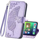 for iPhone 15 Pro Max Wallet case with Credit Card Holder,Flip Book PU Leather Protective Cover Women Men Pocket Emboss Butterfly Flower Kickstand for iPhone 15 Pro Max Light Purple