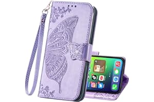 HAOTP for iPhone 17 Phone Case Wallet,Women Flip Folio Cover with Credit Card Holders Emboss Butterfly Flower PU Leather Purse Wrist Strap Kickstand Case for Woman Man Light Purple