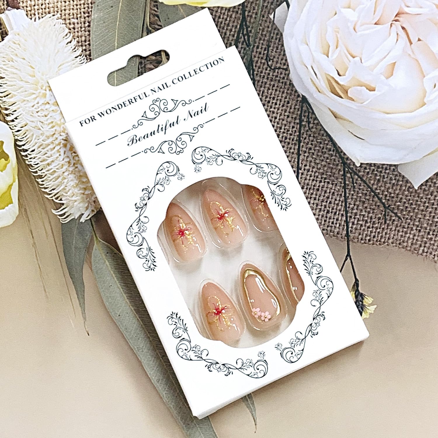 Press on Almond Nails Spring Glossy Full Cover Medium Almond False Nails with Floral Designs Artificial Almond Shaped Fake Nails with Charms Glue Stick ons Fingernails for Women Girls(JP3514) - Image 6