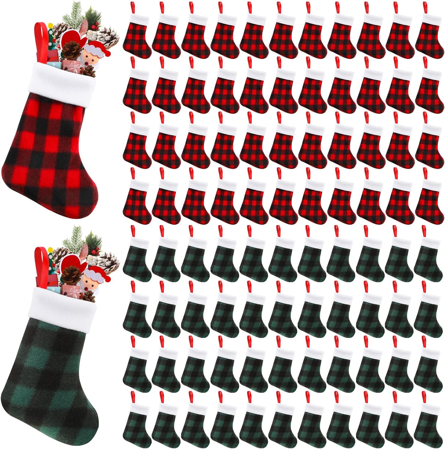 Stockings & Holders - BBTO Plush Cuff Christmas Mini Stockings Buffalo Plaid Hanging Stockings Xmas Stocking Socks Decoration Stocking Candy Holder Stocking Tableware Holders for Dinner Table (Red and Green,48 Pieces)