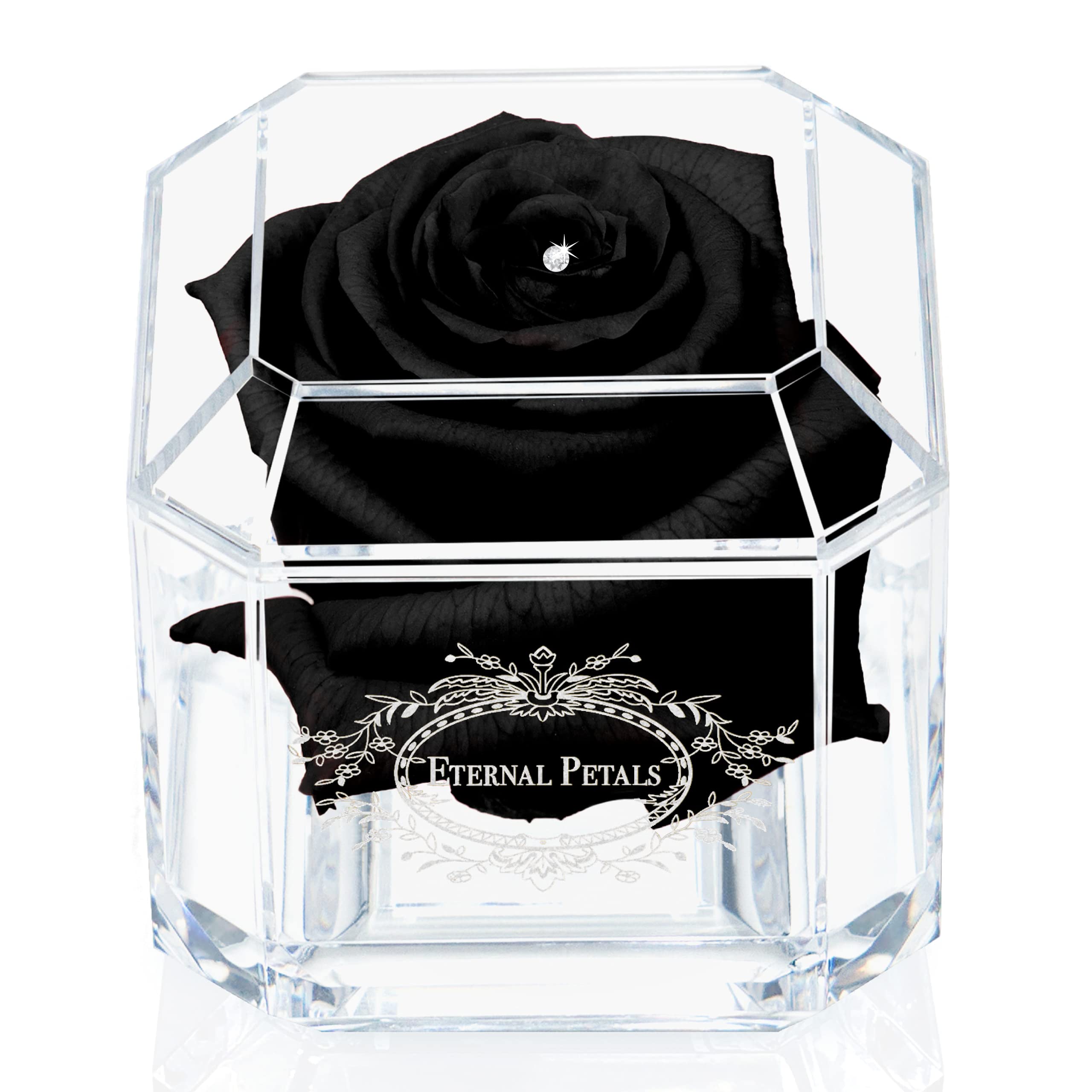 A 100% Real Rose That Lasts Years - Eternal Petals, Handmade in UK – White Gold Solo with A Clear Crystal (Black)