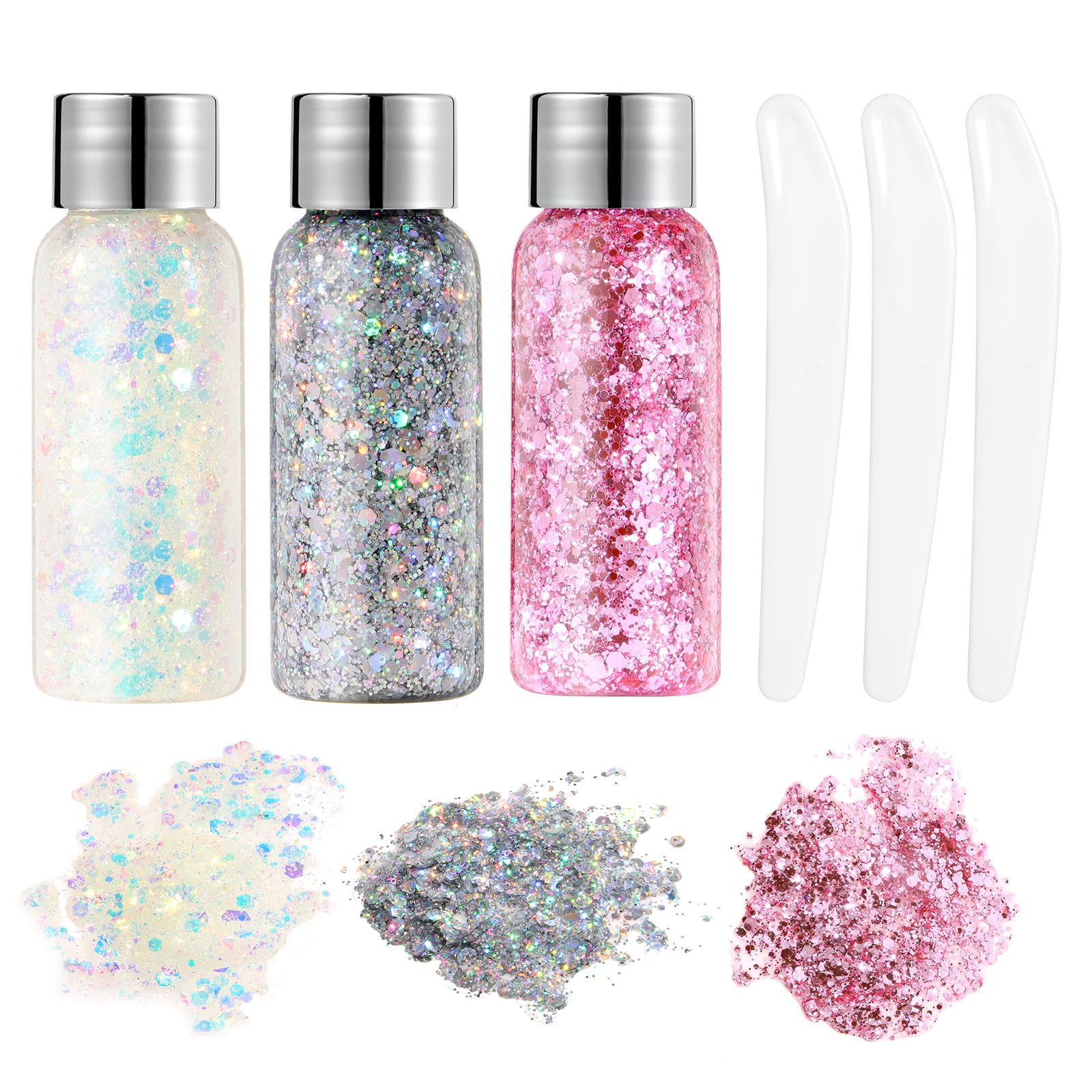 URAQT Body Glitter Gel, 3Pcs Holographic Mermaid Sequins Chunky Cosmetic Face and Sparkling Festival Party Lotion for Eye Hair Nail Makeup DIY Art, White & Silver Pink