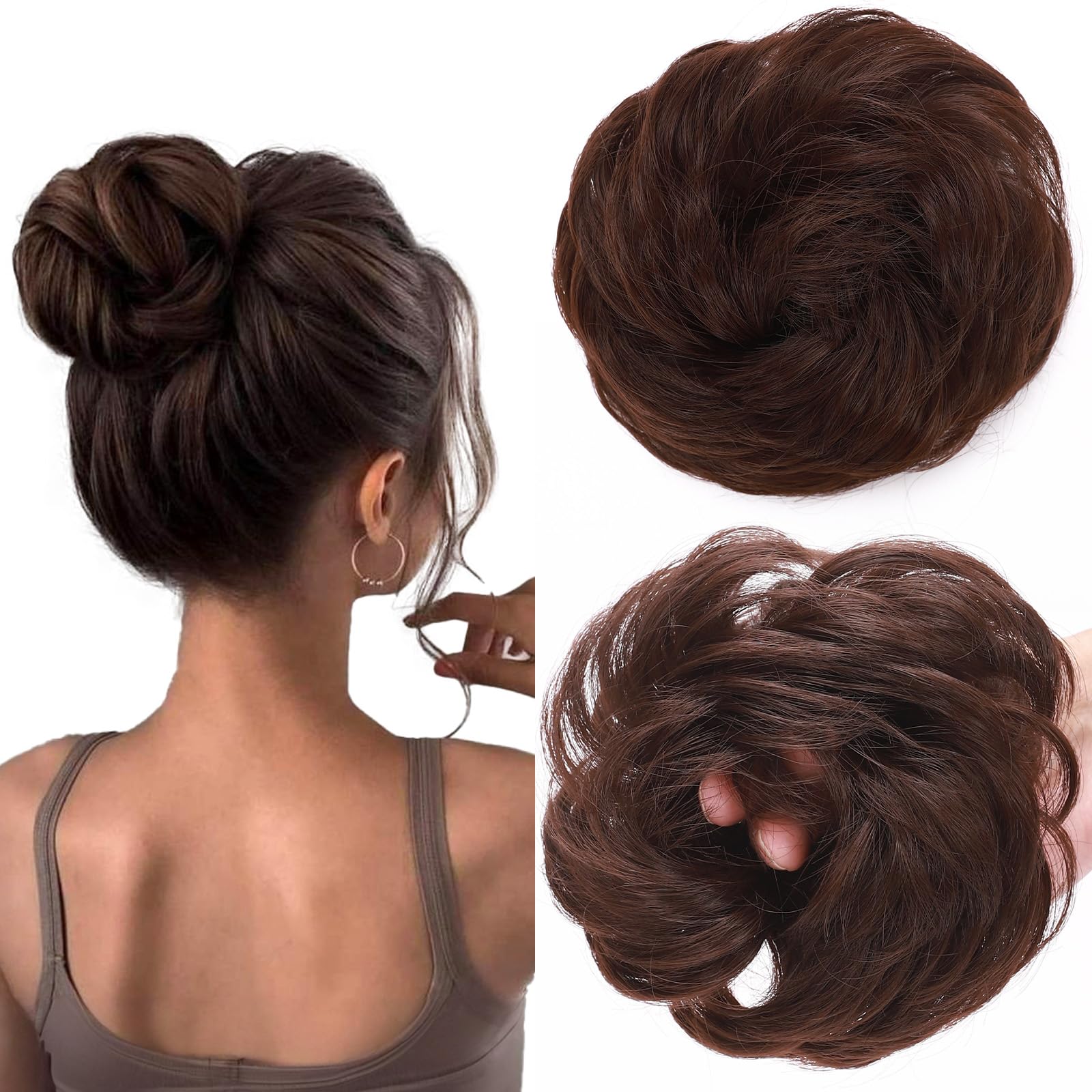 SEGOHAIR Messy Bun Hair Piece Fake Hair Bun Hair Scrunchies Bun - Lightweight 35g Synthetic Hair Bun Piece for Women, Medium Brown Curly Wavy Elastic updo Scrunchy Bun