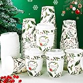 Rtteri 100 Set 14 oz Christmas Disposable Coffee Cups Bulk with Lids Sleeves Berry & Pine Thick Paper Insulated Holly Christmas Hot Cocoa Cups for Hot Chocolate Drinks Winter Holiday Party Supplies