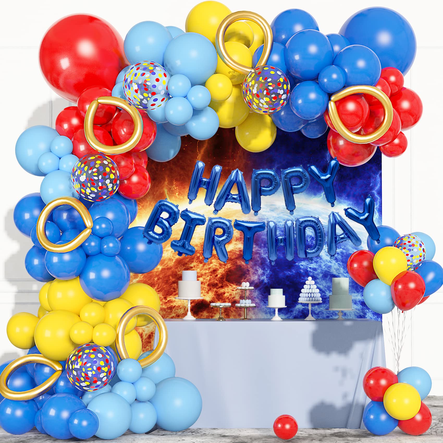 Photo 1 of 123Pcs Red Yellow Blue Balloons Garland Includes Foil Confetti Mixed Sizes Latex Balloon for Birthday Decorations, Baby Shower, Carnival, Circus, Party Supplies, Backdrop Decor