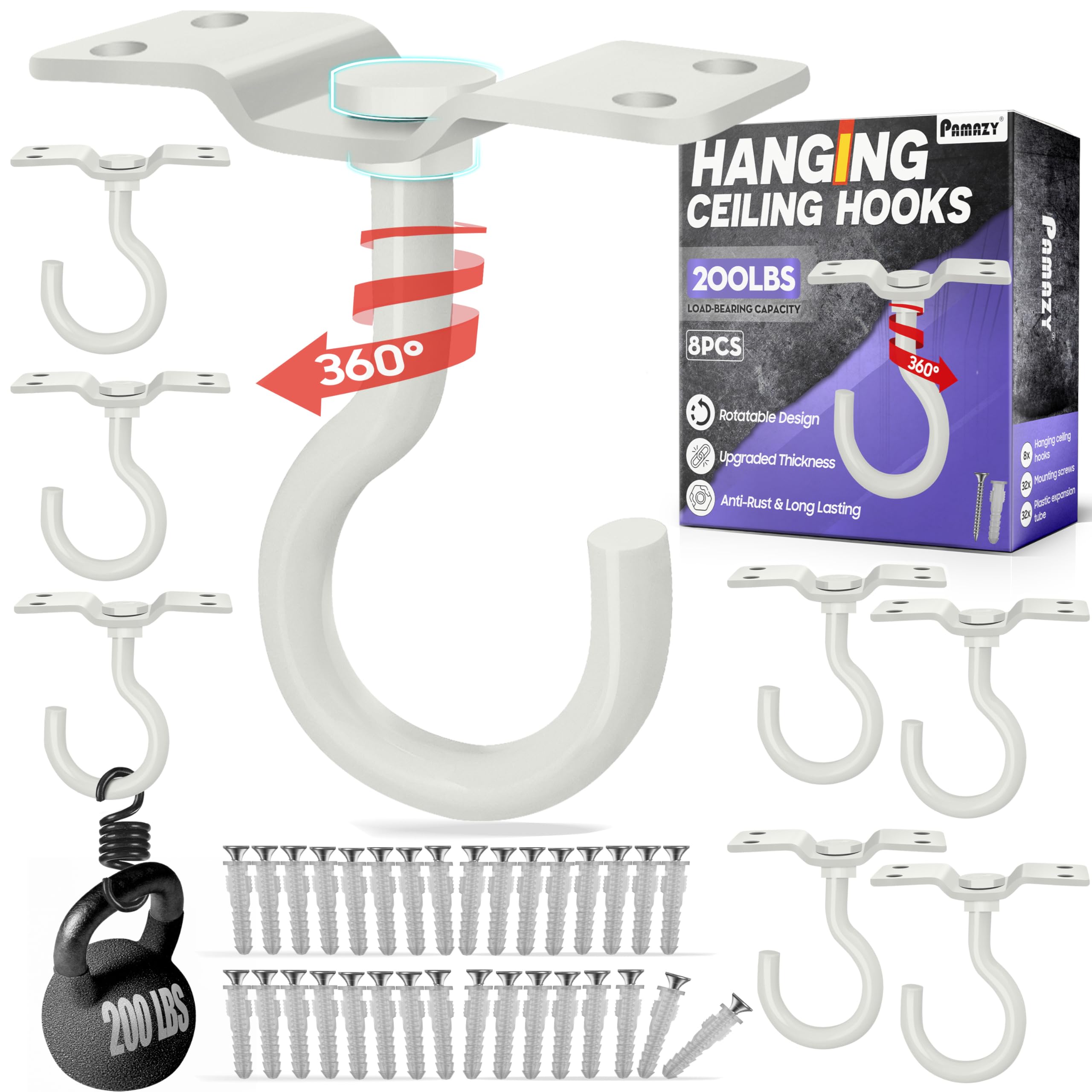 Photo 1 of [Upgraded] 200LBS 8Pcs Rotatable Ceiling Hooks with 4 Screw Points Plate Base, White Wall Mount Metal Hanger for Hanging Plants, Bird Feeders, Lanterns, Lights, Wind Chimes, Indoor Outdoor Decor