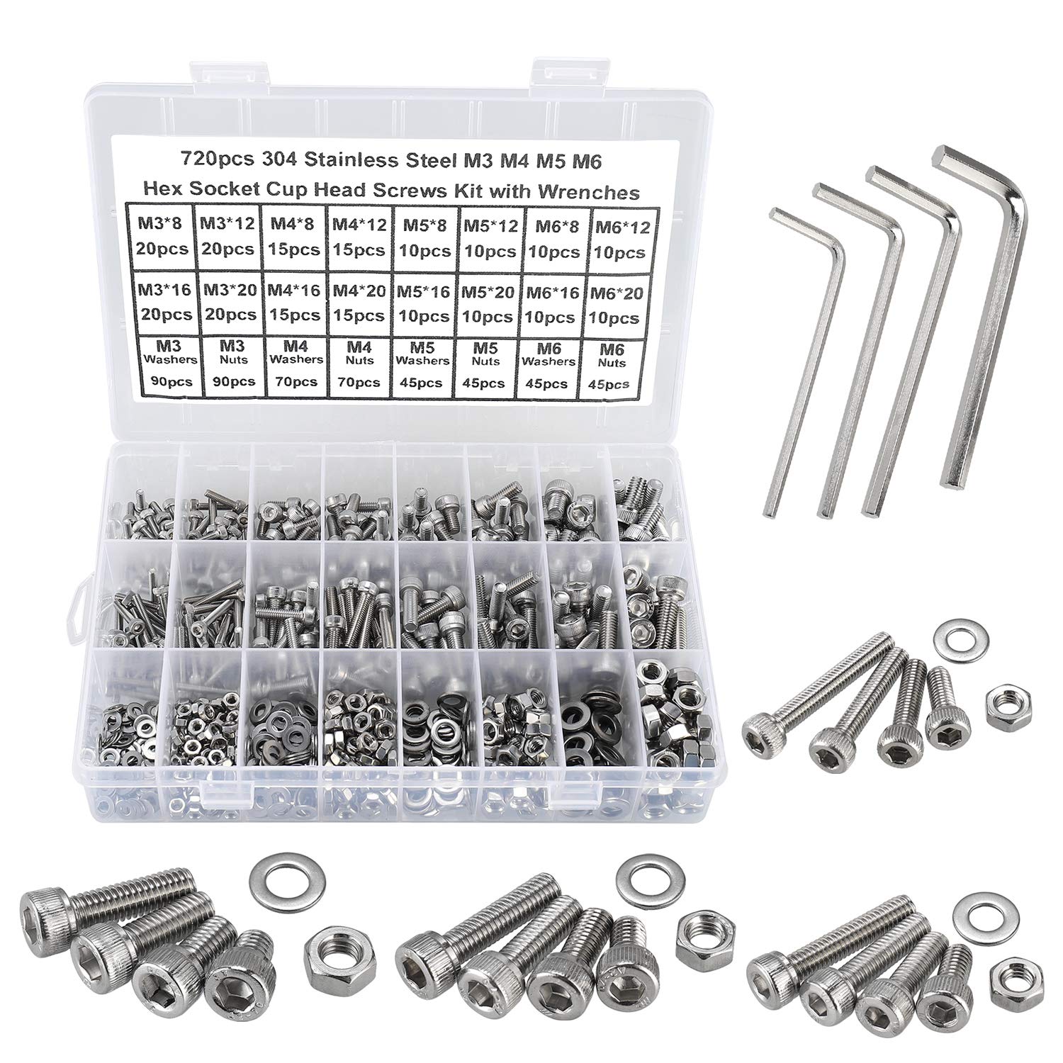 FandWay 720Pcs Bolts and Nuts Set,M3 M4 M5 M6 Hex Socket Cap Head Machine Screws,DIN912 Allen Screws,304 Stainless Steel Hex Bolts and Washers Set Fully Threaded With 4 Allen Key.