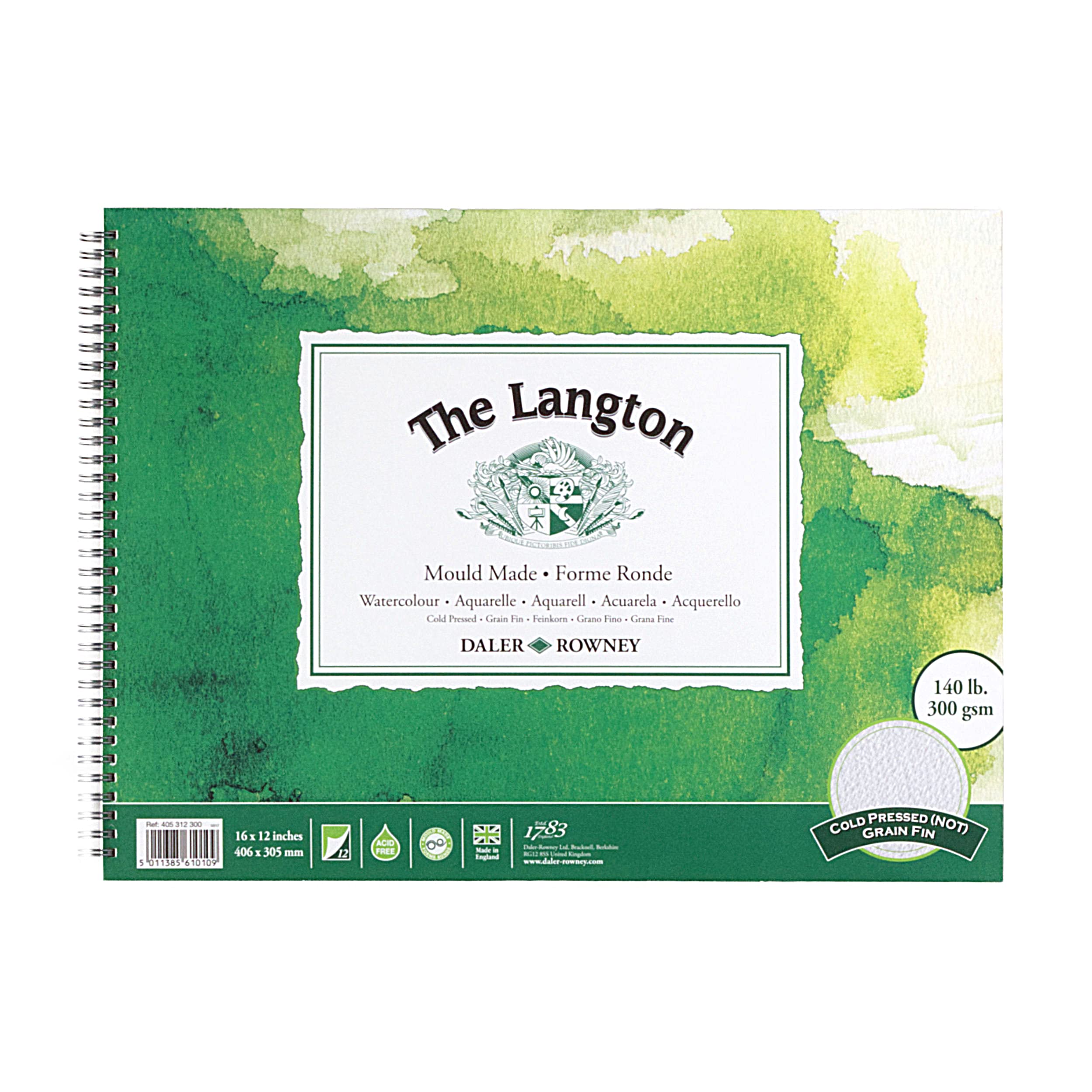 Daler-Rowney The Langton Cold-Pressed Watercolour 300gsm 16 x 12in Natural White Paper in a Spiral Pad, Acid-free, 12 Sheets, Ideal for Professional Artists