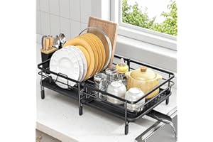 Urackify Expandable Dish Drying Rack for Kitchen Counter, Large Extendable Dish Rack with Bamboo Cover Cutlery Holder, Multif