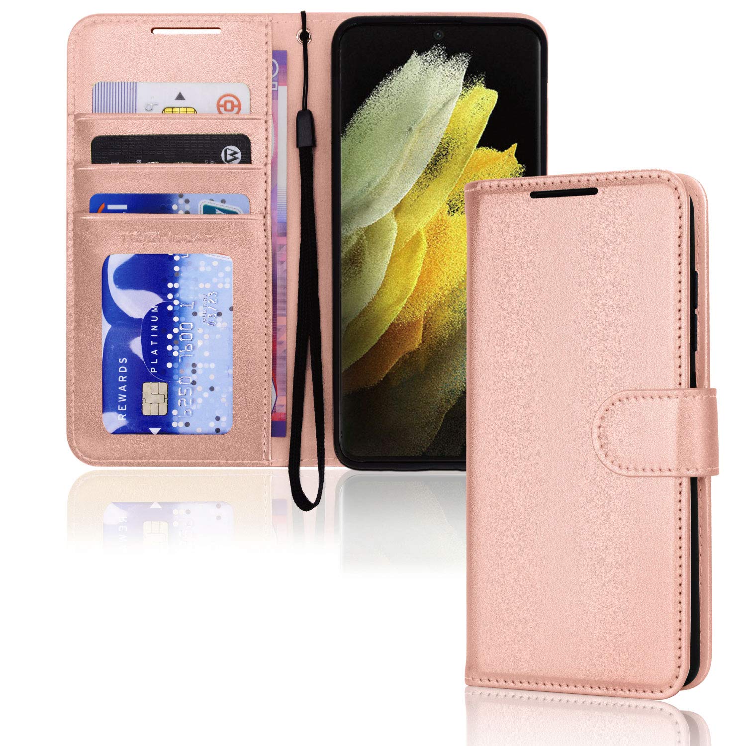 TECHGEAR Galaxy S21 Ultra Leather Wallet Case, Flip Protective Case Cover with Wallet Card Holder, Stand and Wrist Strap - Rose Gold PU Leather with Magnetic Closure Made For Samsung S21 Ultra / 5G — image 1