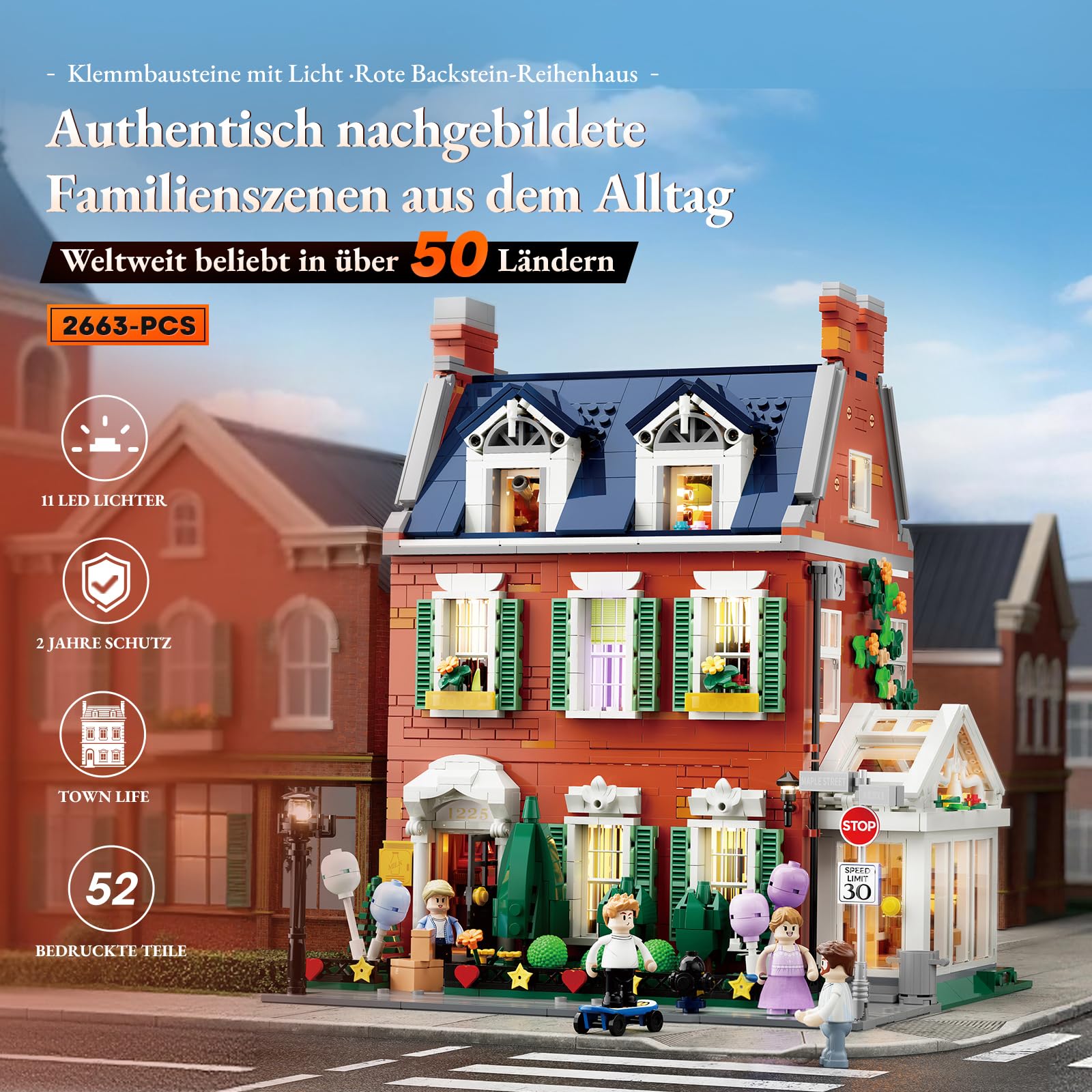 Lumibricks Rote Backstein-Reihenhaus Klemmbausteine mit Licht, Modular Building mit Geburtstags- und Weihnachtsszenen, 2663PCS-Geschenk für Baustein-Fans 2