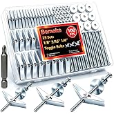 Bemaka 100Pcs Toggle Bolts Drywall Anchors Kit, 25 Sets 1/8" 3/16" 1/4" Heavy Duty Hollow Wall Anchors with Nuts, Washers and Drill Bit, for Hanging Shelves, Mirrors, TV Mounts, Artwork on Drywall