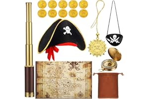 WOANGER 17 Piece Pirate Monocular Telescope Pirate Treasure Map Eye Patch Hat Pocket Compass Necklace Plastic Coins with Velvet Bag for Party Supplies