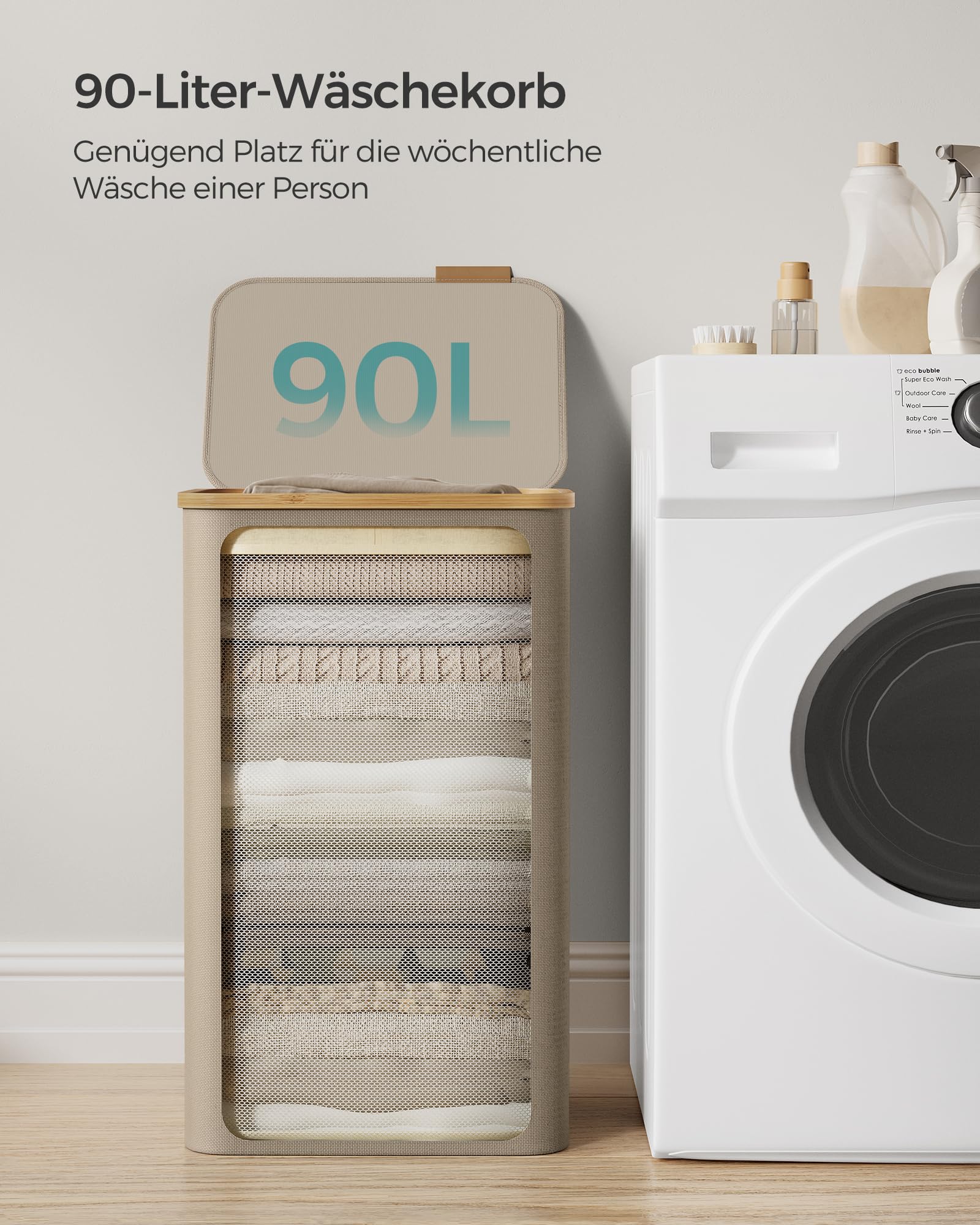 SONGMICS Wäschekorb mit Deckel, Wäschesammler 90 L, herausnehmbarer Wäschesack, Oxford-Gewebe, Griffe aus Bambus, zusammenklappbar, 42 x 32 x 70,5 cm, kamelbraun LCB509N01V1 3
