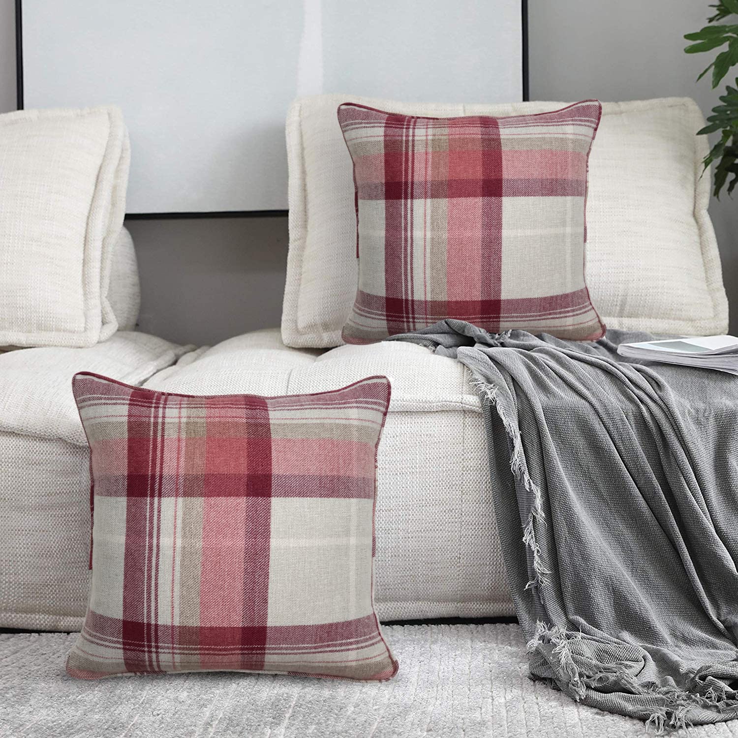 always4u Red Tartan Cushion Cover Check Square Eyelet Fleece Pillow Cases for Living Room Bedroom Chair Set of Two 45x45 Red 18 * 18 Inches