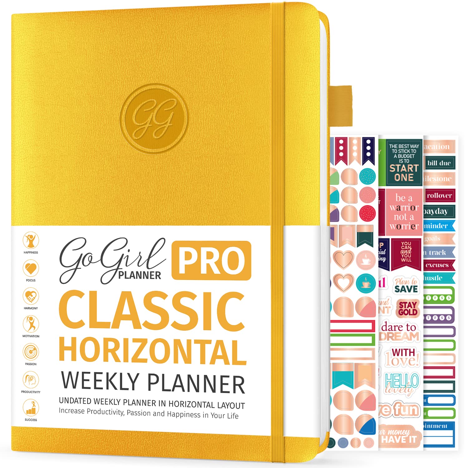GoGirl Planner PRO - Undated Horizontal Layout Weekly Planner and Organizer + Budgeting and Expense Tracking Pages, Goals Journal & Agenda, 18 x 25.5cm, Hardcover, Lasts 1 Year - Amber Yellow