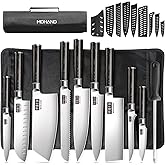 MDHAND Chef Knife Set with Roll Bag, 10PCS Professional Knife Set with Sharpener, High Carbon Stainless Steel Japanese Kitchen Knives - Black Pakkawood Handle, Dishwasher Safe, For Cooking, Chef Gifts