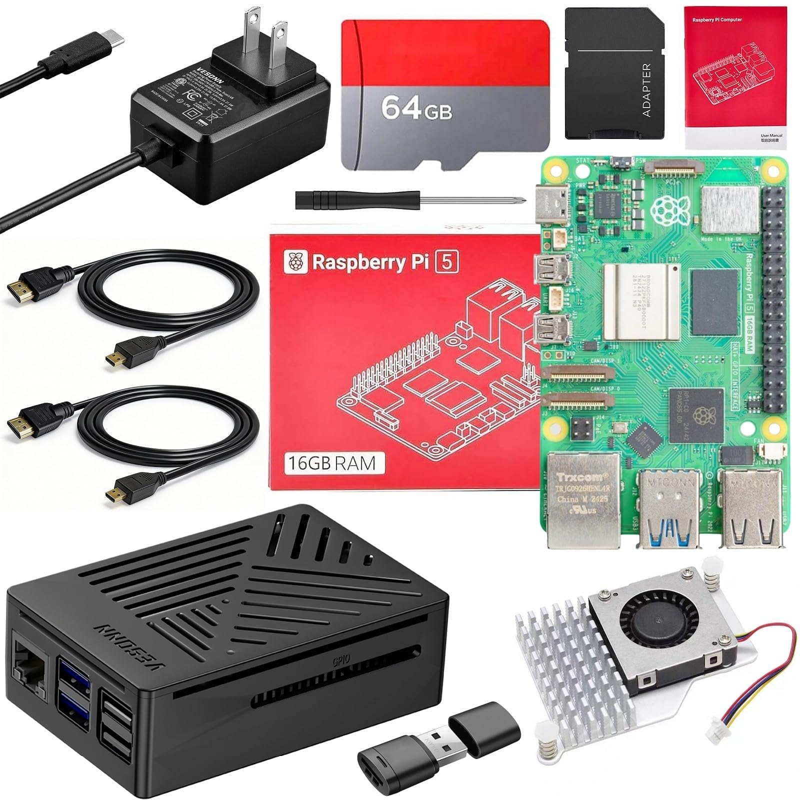 Photo 1 of Vesonn Raspberry Pi 5 16GB Starter Kit with Raspberry Pi 5 Board(16GB RAM),64GB Card Readers Kit,GaN 27W 5.1V 5A Power Supply,ABS Protective case,Active Cooler,4K Micro HD Out Cable,Driver,Manual