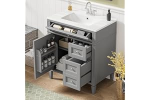 Linique 30" Bathroom Vanity with Sink Combo Set, Solid Wood Frame Bathroom Storage Cabinet with 2 Drawers and a Tip-Out Drawer, Soft Closing Cabinet Door with Organizer, Grey