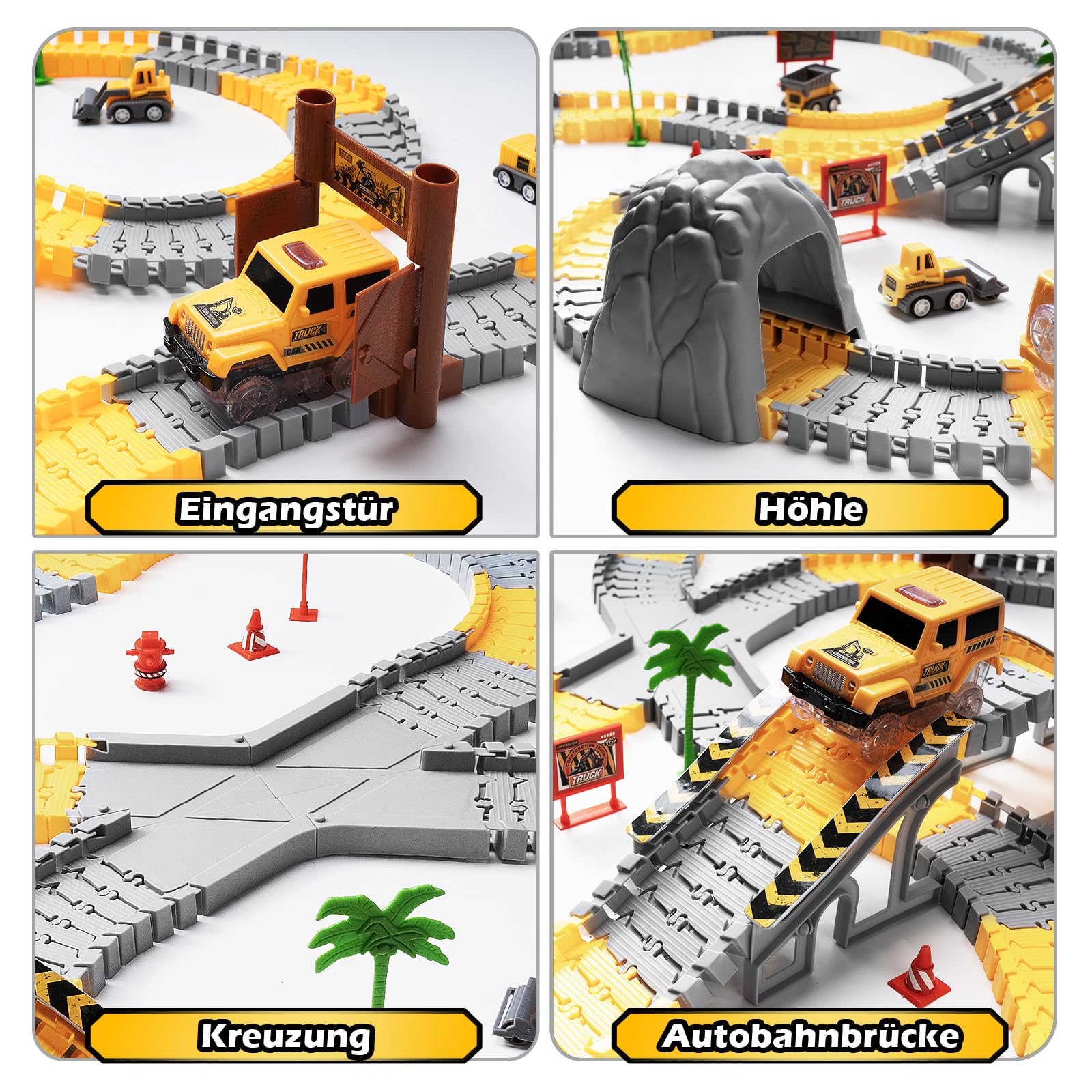 Autorennbahn ab 3 4 5 6 7 8 Jahre, 264 Stück 5 Cars Bagger Spielzeug Autorennbahn Rennbahn 2 Glow Elektroautos,3 Bauwagen,Flexibles DIY Gleis-Set Flexible Track Kran Spiele (Rennbahn) 6
