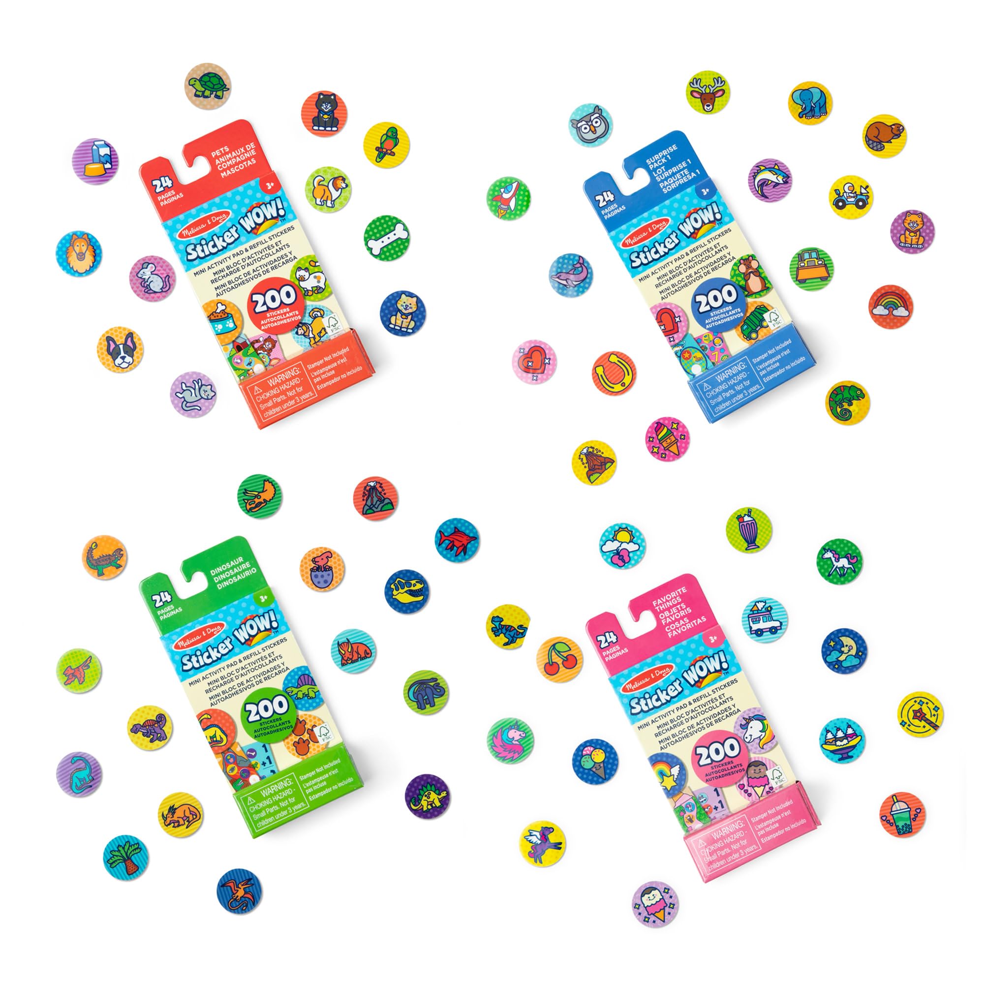 Melissa & Doug Sticker Wow!™ Mini Activity Pad and Refill Stickers 4-Pack (Dinosaur, Pets, Favorite Things, Surprise Pack 1) – 200 Stickers Each (800 Total) for Any Sticker Stamper (Not Included)