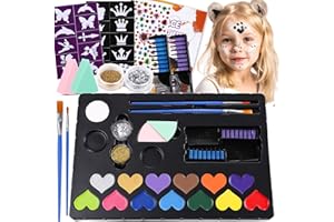 BADCOLOR Face Painting Kit for Kids, 15 Colors Non-Toxic Water Based Face Paint Kits, Brushes Sponges Glitters Gem Sheet Stencils Hair Chalk Halloween Makeup Kit Professional Kids Face Paint Kit