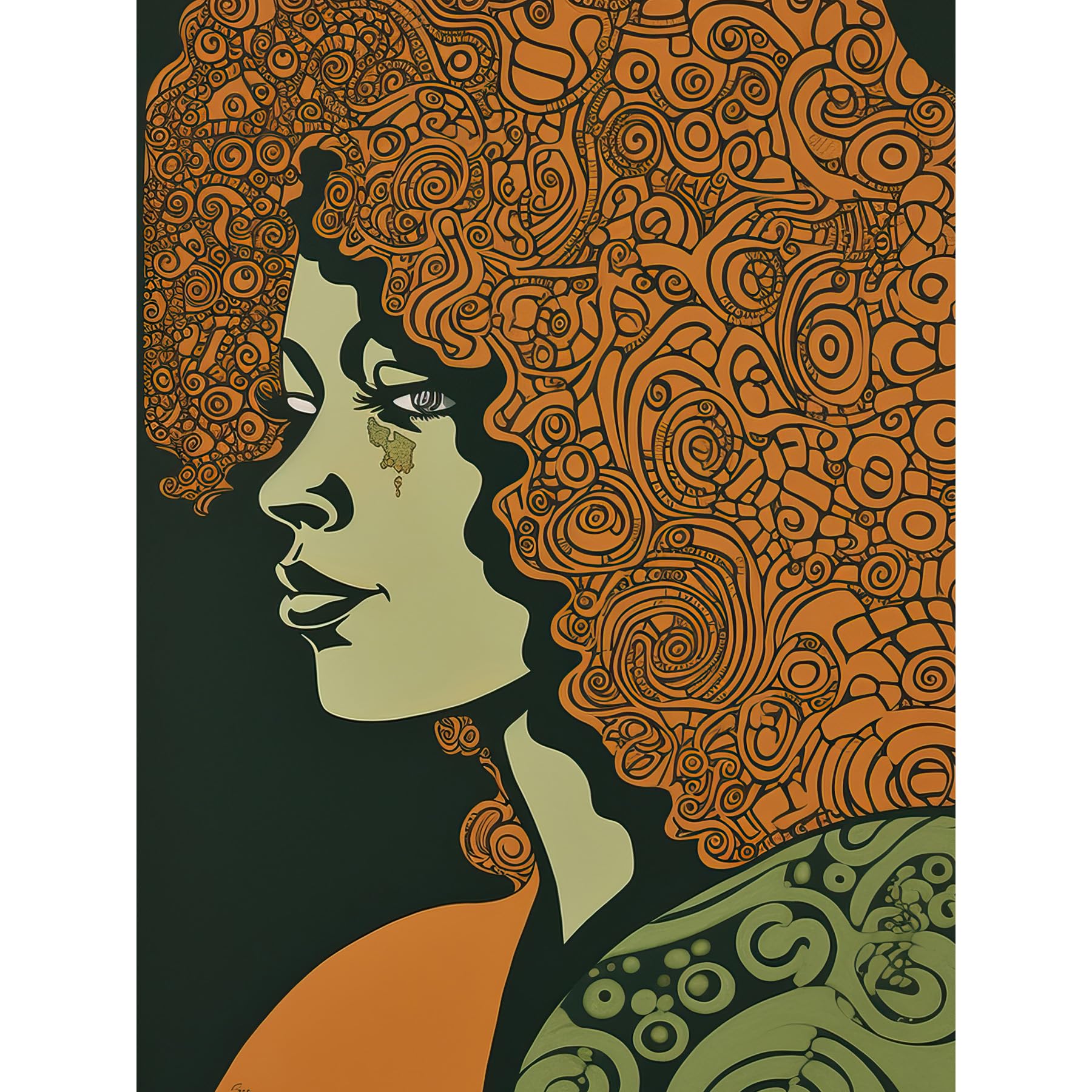 Artery8 Woman Portrait Illustration with Pattern Afro Hair Extra Large XL Wall Art Poster Print