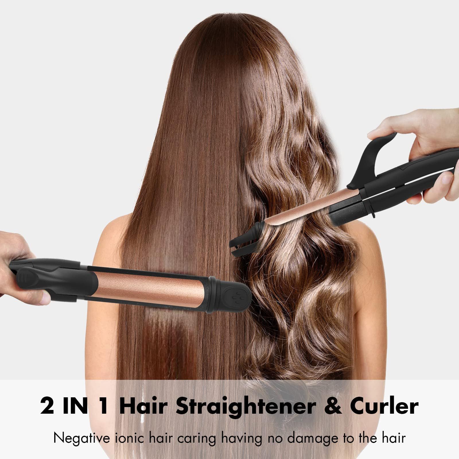 AmoVee Travel Curling Iron, 1.25 Inch Hair Straightener, 2 in 1 Flat Iron Ceramic Tourmaline, Dual Voltage, Adjustable Temp, Rose Gold