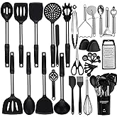 Silicone Cooking Utensils Set, NCUE 35 Pcs Kitchen Utensils Set with Holder, with Stainless Steel Handle Spatula Set, Spoons, Pasta Server, Cheese Grater, Masher, Scissors, Dishwasher Safe (Black)