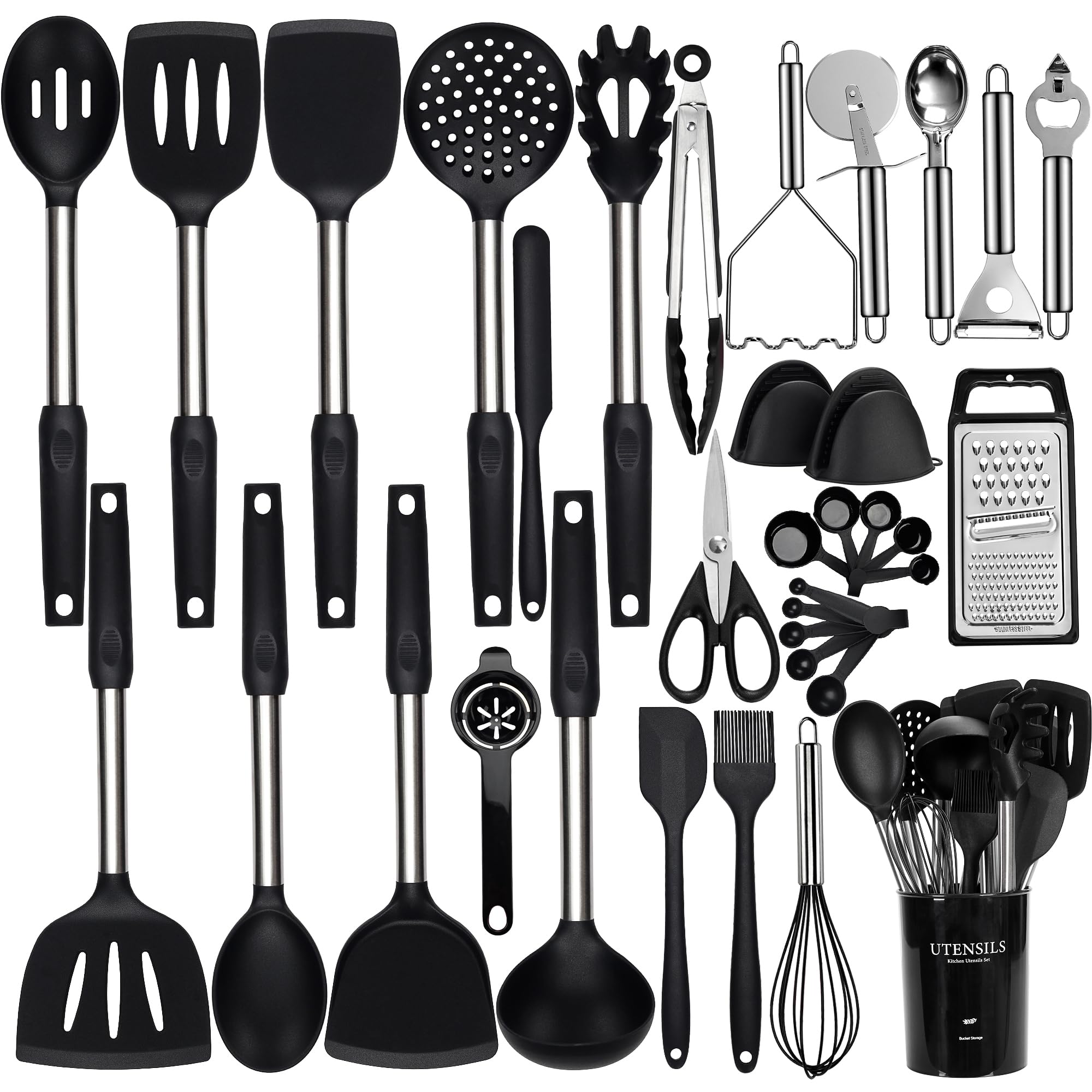 Photo 1 of Silicone Cooking Utensils Set, NCUE 35 Pcs Kitchen Utensils Set with Holder, with Stainless Steel Handle Spatula Set, Spoons, Pasta Server, Cheese Grater, Masher, Scissors, Dishwasher Safe (Black)