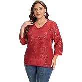 MINTLIMIT Women Plus Size XL-5XL Sequin Tee Shirt Sparkle Glitter V-Neck Short Sleeve Crop Sexy Tunics Tops Party Disco Club