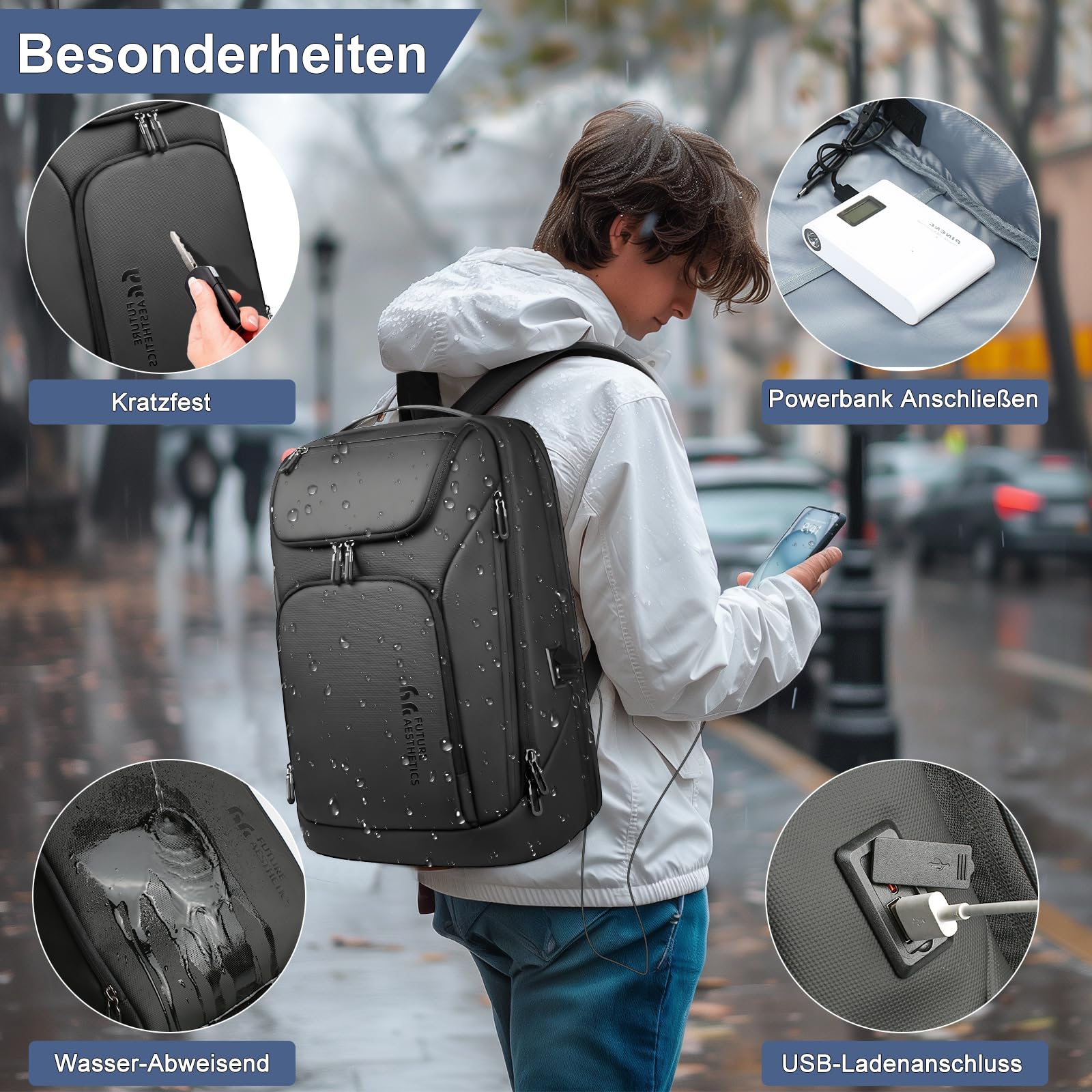 HEROIC KNIGHT Rucksack Herren Groß 30L Laptop Rucksack 17,3 zoll Business Rucksack Reiserucksack mit USB-Anschluss,Flug Genehmigt Bordgepäck Wasserabweisend Kabinenrucksack für Arbeit Business Reise 4