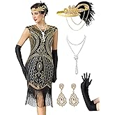 MTITE Women's Flapper Dresses 1920s for Women Great Gatsby Sequin Fringed Roaring 20s Cocktail Dress with Accessories Set