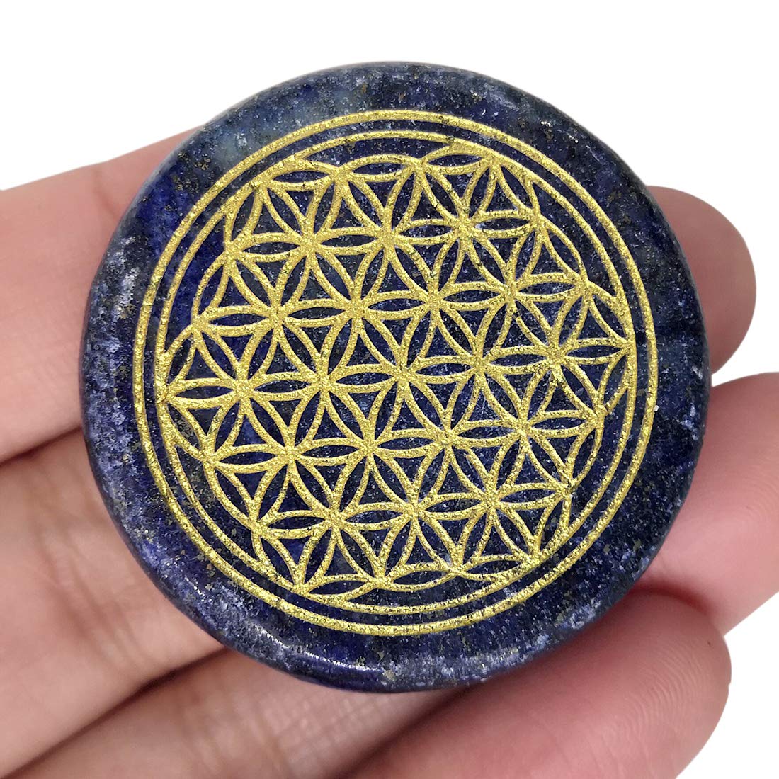 Lovionus89 Natural Lapis Lazuli Flower of Life Engraved Healing Crystal Chakra Balancing and Positive Energy Generator Palm Pocket Stone