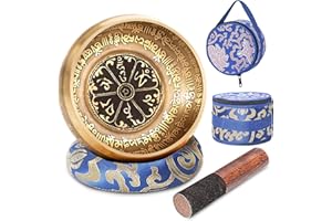 SHANSHUI 5 Inch Tibetan Singing Bowl, Nepal Antique Mantra Carving Hand Hammered Sound Bowl Set For Yoga Chakras Healing Meditation Zen With Leather Striker - Blue