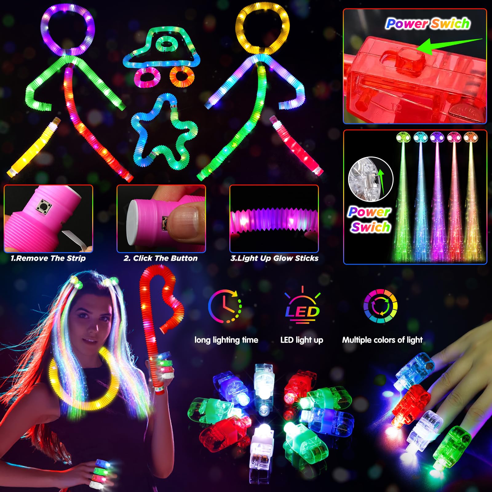 Glow in the Dark Party Favors for Adults Kids, 27 Carnival Accessories, 56 LED Light Up Toys Bulk, 100 Glow Sticks Party Pack, Neon Party Supplies & Decorations