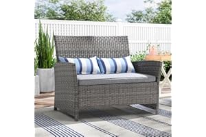 SUNSITT Outdoor Wicker Loveseat with Cushions, 2 Seats Patio PE Rattan Sofa with Lumbar Pillows, Grey Wicker & Grey Cushions, Porch, Backyard, Garden, Pool, Steel Frame
