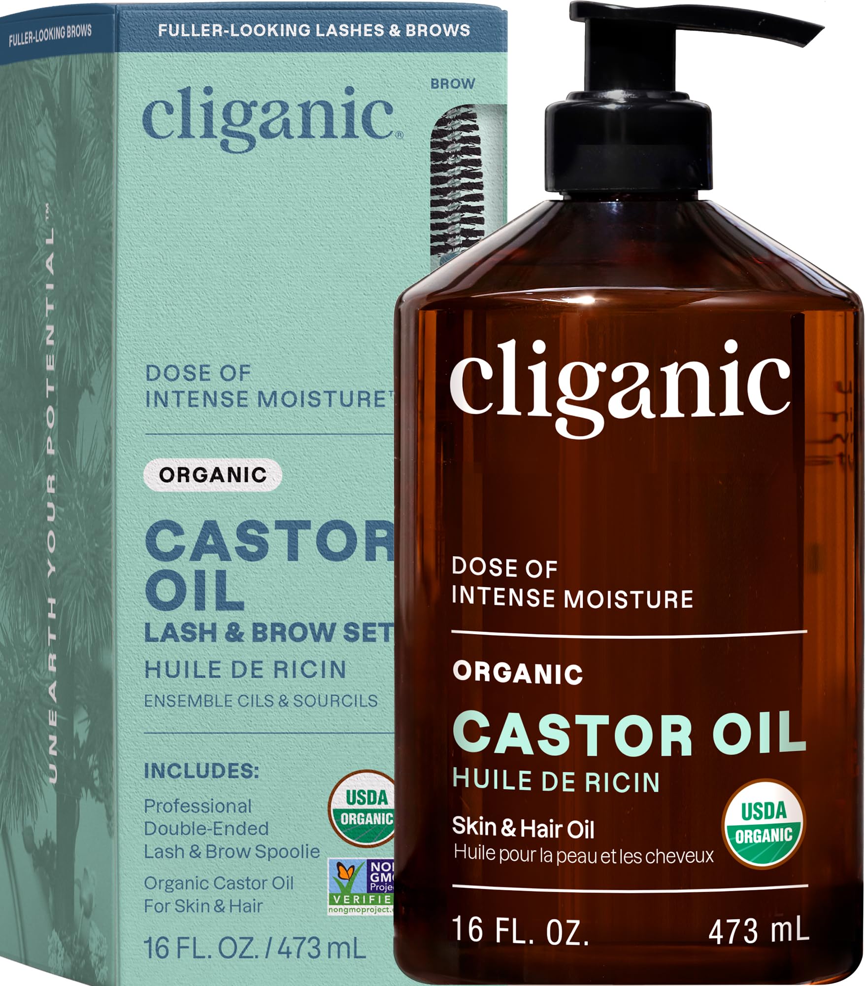 Cliganic USDA Organic Castor Oil, 100% Pure (500ml with Eyelash Kit) - For Eyelashes, Eyebrows, Hair & Skin | Natural Cold Pressed Unrefined Hexane-Free | DIY Carrier Oil | Cliganic 90 Days Warranty โ image 1