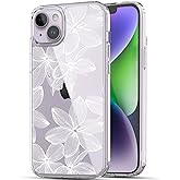 RANZ Compatible with iPhone 14 Case, Anti-Scratch Shockproof Series Clear Hard PC + TPU Bumper Protective Cover Case for iPhone 14 (6.1") - White Flower