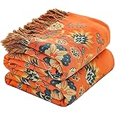 Fall Throw Blanket for Couch Bed Chair,100% Cotton Soft Lightweight Blanket Rustic Quilt -Orange Floral Printed Farmhouse Decor Bed All Season Blankets,60"×80"