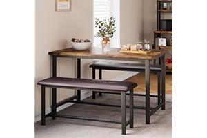 IDEALHOUSE 3 Piece Dining Table Set, Kitchen Table and Benches for 4, Rectangular Dining Room Table Set with 2 Upholstered Benches, Dining Table Set for Small Space, Apartment, Studio, Retro Brown