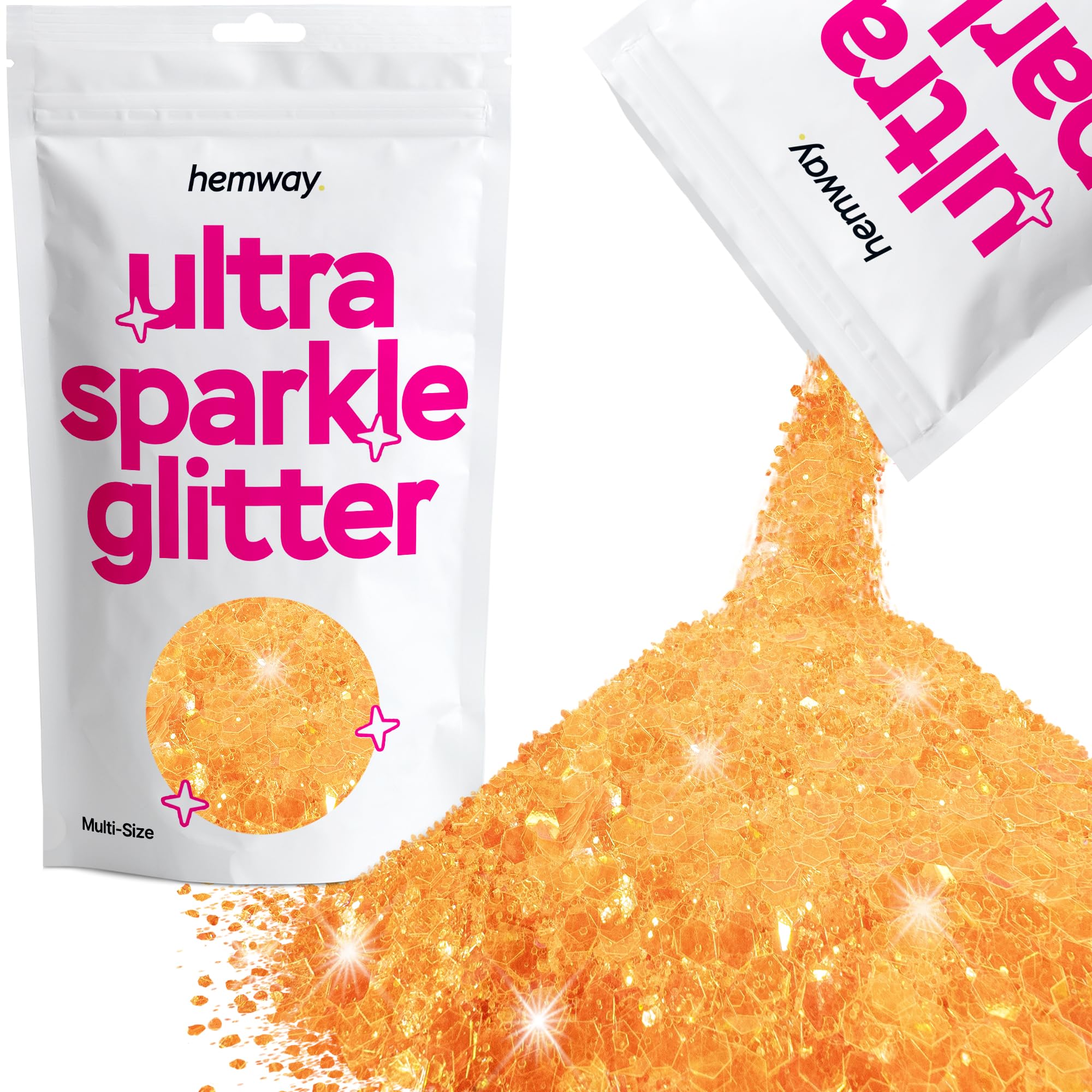 Hemway Ultra Sparkle Glitter Fluorescent Orange 100g Multi Size | Glitter for Arts & Craft, Makeup, Nail Art, Crafting, Card Making, Sparkle Decoration