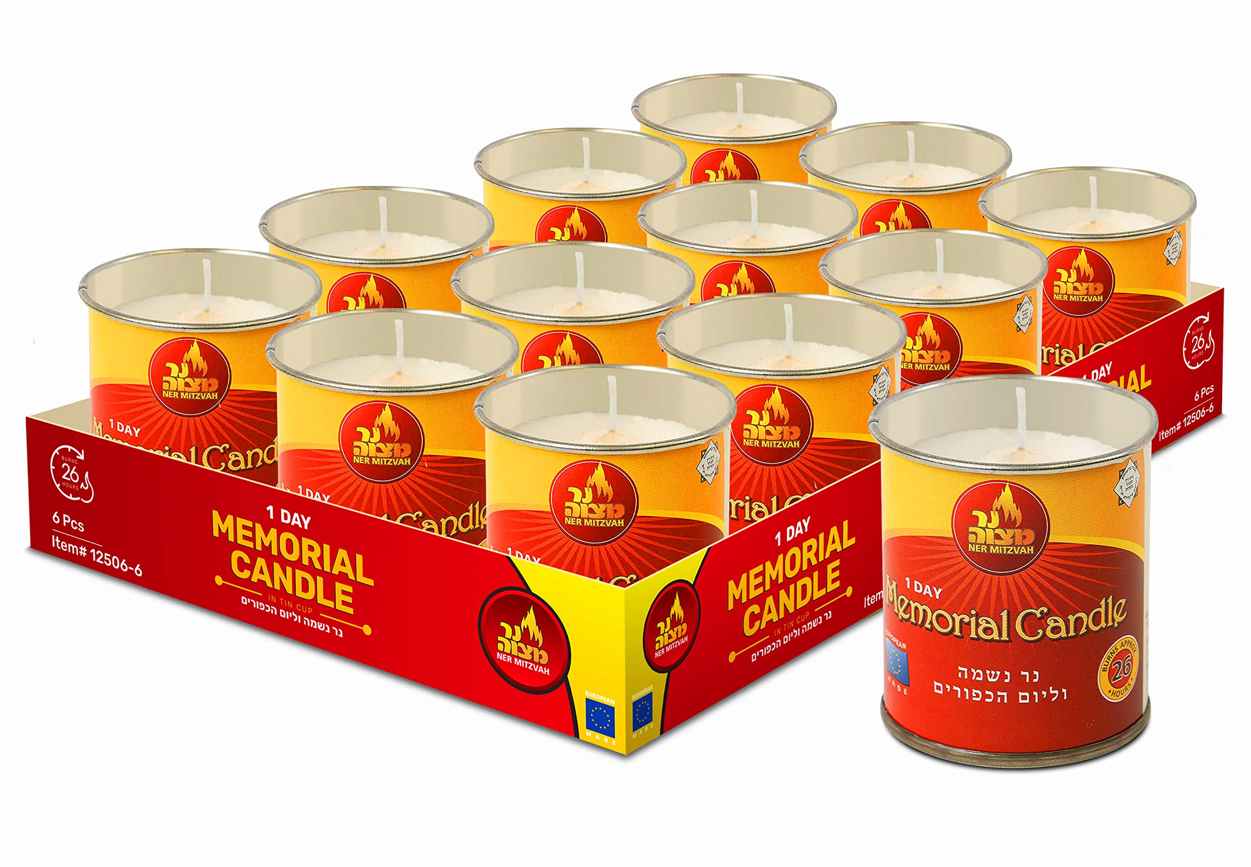 Ner Mitzvah 1 Day Yartzeit Candle - 12 Pack - 24 Hour Kosher Yahrtzeit Memorial and Yom Kippur Candle in Tin Cup Holder