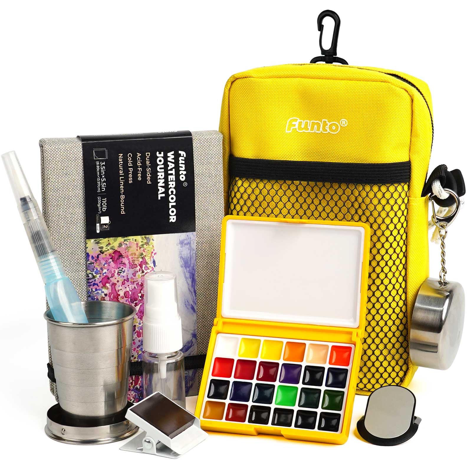 Funto Mini Watercolor Paint Set, All-in-One 24-Color Travel Paint Kit, with Crossbody Bag, Watercolor Journal, Paint Water Cup, Pocket Set for Artists Image
