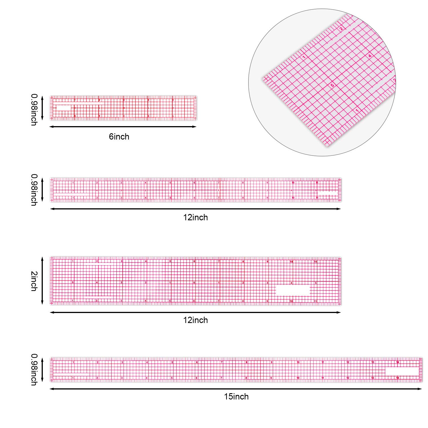 Pelopy 4 Pieces Clear Plastic Ruler Grid Transparent Ruler Plastic Straight Measuring Tool Set for Clothes Design Sewing(6 Inches, 12 Inches, 15 Inches,B50 B60 B70 B-80)