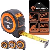 Wrango Tools Tape Measure 25 FT - Measuring Tape Retractable - Oversized &amp; Double-Sided Print - Blade Lock, Finger Brake - High Performance Nylon Coating, 10' Stand-Out - 13' Reach / 1-1/16" Blade