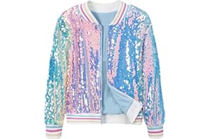 Lovekider Girls Sequin Jacket Glitter Long Sleeves Gradient Ombre Bomber Coat with Ribbed Cuffs for 4-12 Years Kids